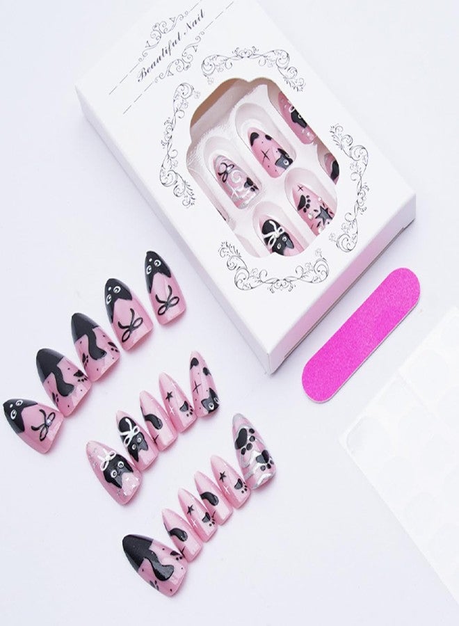 KRTBKR 24Pcs Cute Cat Press on Nails Medium Almond Pink Fake Nails Black Cat Bow with Pearl Design Full Cover Glue on Nails Artificial Reusable Silver Heart False Nails for Women Acrylic Manicure Decorations - Image 3